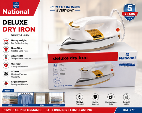 National Deluxe KIA-77T Dry Iron 1000W | 5-Year Warranty